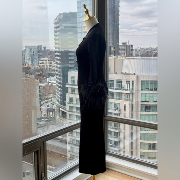 🆕 REBECCA VALLANCE 🧿 NWOT Soraya Feather-Trimmed Knit Midi Dress, Black - Sz S - Picture 7 of 14